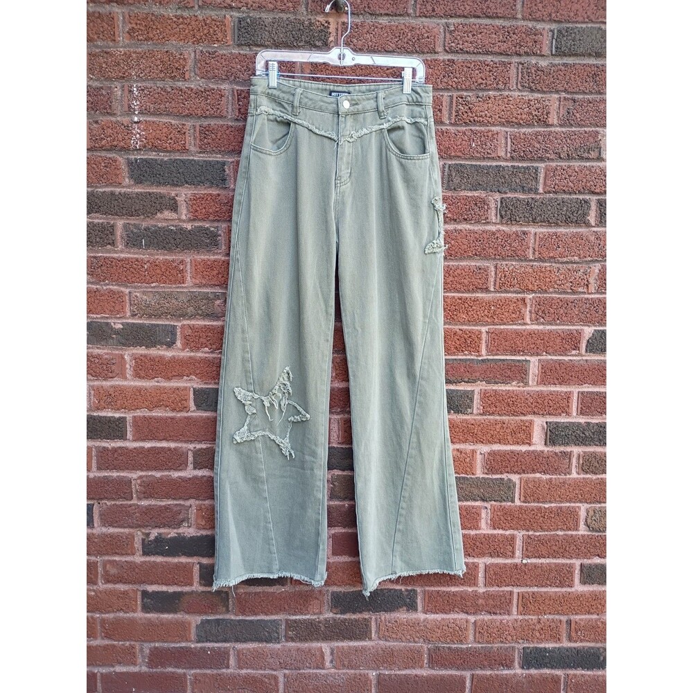 Hot topic Green Distressed Star Wide Leg Pants Women's Size Medium Whimsical